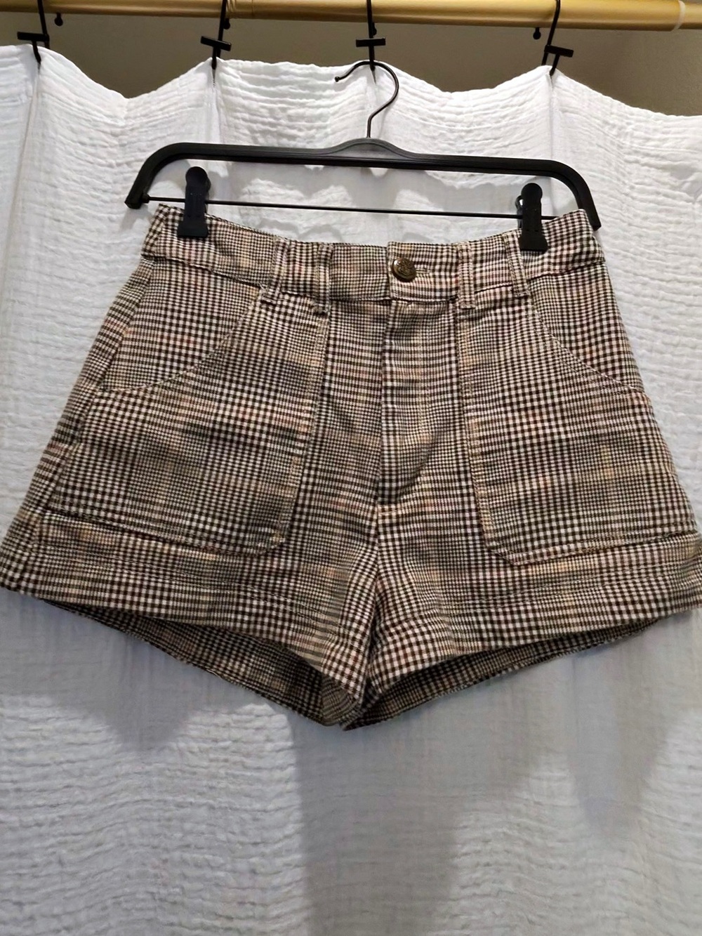 Zara Plaid High-Waist Textured Checked Plaid Shorts in Tan and Black